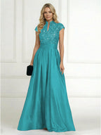 A Line/Princess Stand Collar Short Sleeve Long Elegant Mother of the Bride Dresses (SHI22500207)