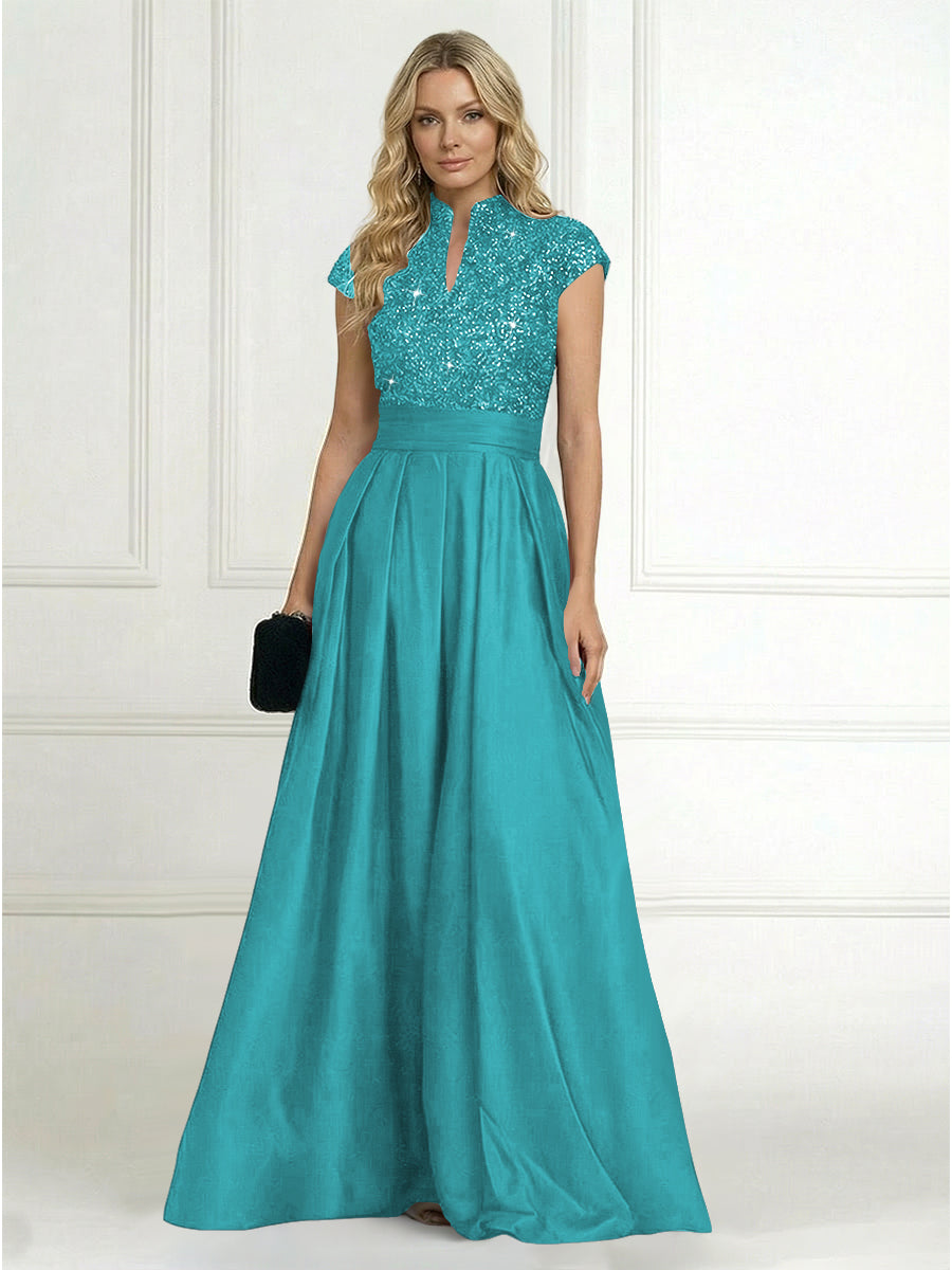 A Line/Princess Stand Collar Short Sleeve Long Elegant Mother of the Bride Dresses (SHI22500207)