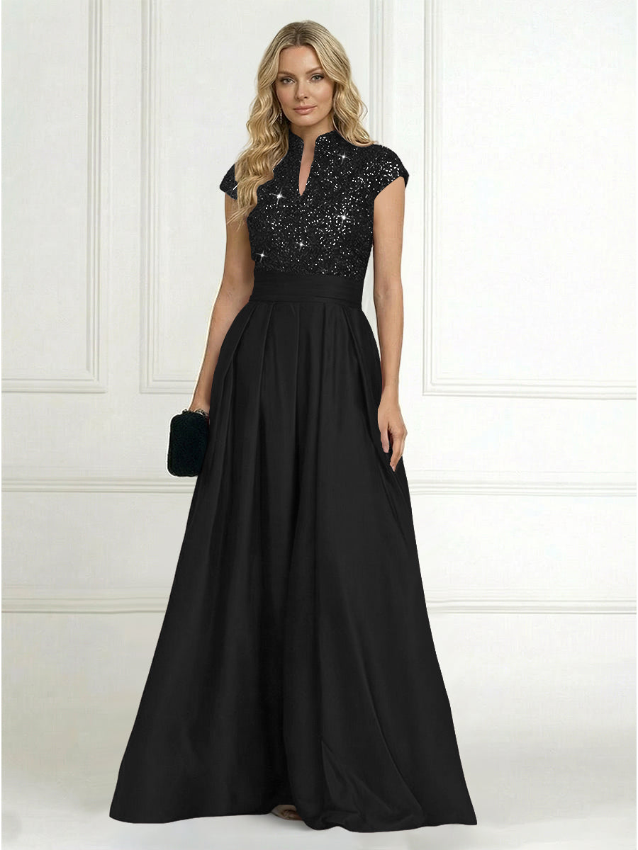 A Line/Princess Stand Collar Short Sleeve Long Elegant Mother of the Bride Dresses (SHI22500207)