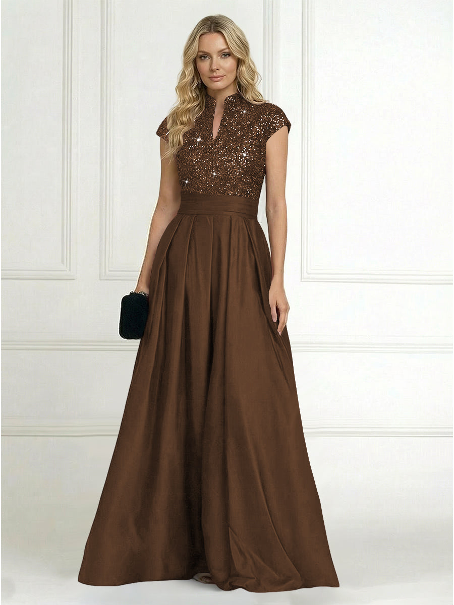 A Line/Princess Stand Collar Short Sleeve Long Elegant Mother of the Bride Dresses (SHI22500207)