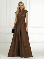 A Line/Princess Stand Collar Short Sleeve Long Elegant Mother of the Bride Dresses (SHI22500207)