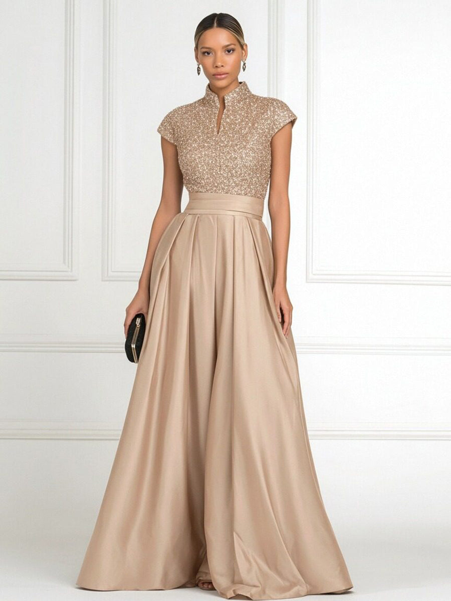 A Line/Princess Stand Collar Short Sleeve Long Elegant Mother of the Bride Dresses (SHI22500207)