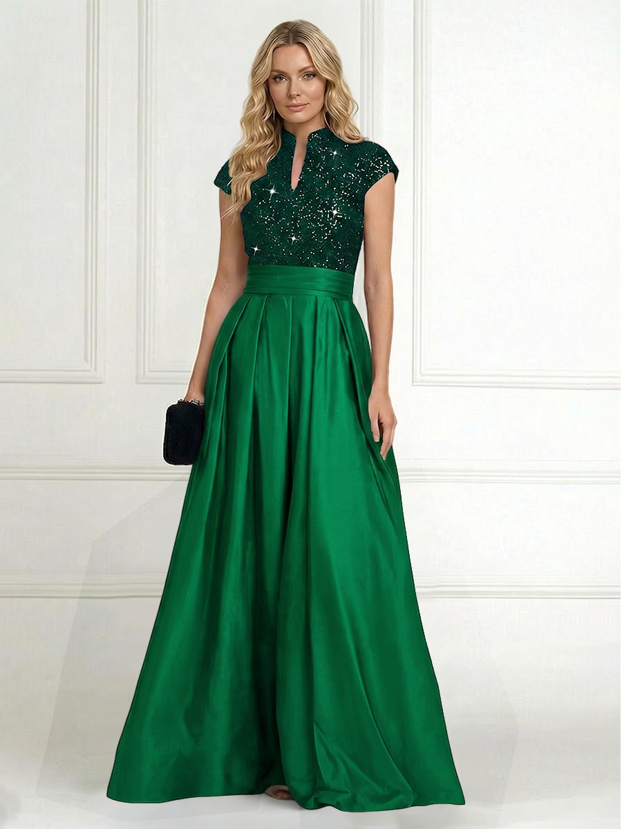 A Line/Princess Stand Collar Short Sleeve Long Elegant Mother of the Bride Dresses (SHI22500207)