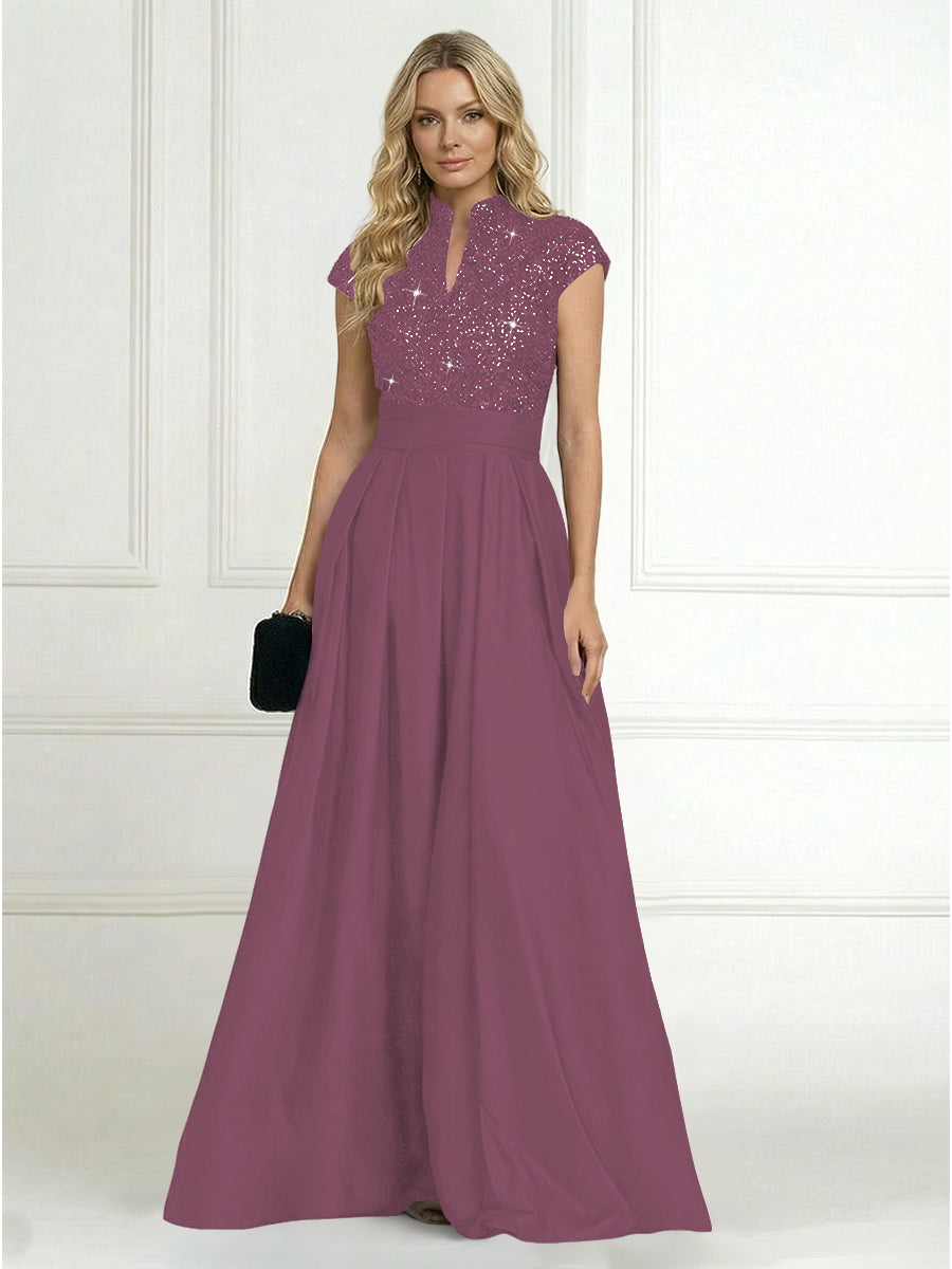 A Line/Princess Stand Collar Short Sleeve Long Elegant Mother of the Bride Dresses (SHI22500207)