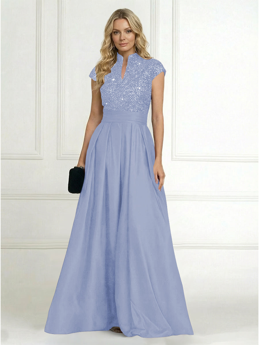 A Line/Princess Stand Collar Short Sleeve Long Elegant Mother of the Bride Dresses (SHI22500207)