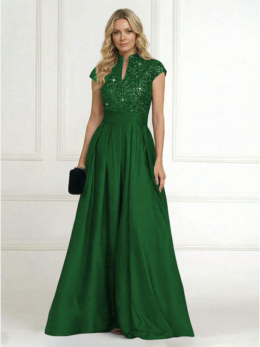 A Line/Princess Stand Collar Short Sleeve Long Elegant Mother of the Bride Dresses (SHI22500207)