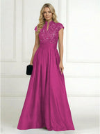 A Line/Princess Stand Collar Short Sleeve Long Elegant Mother of the Bride Dresses (SHI22500207)