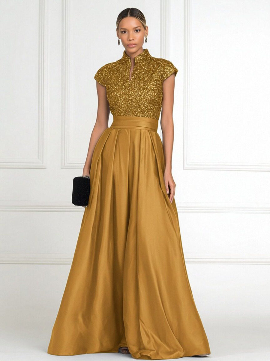 A Line/Princess Stand Collar Short Sleeve Long Elegant Mother of the Bride Dresses (SHI22500207)