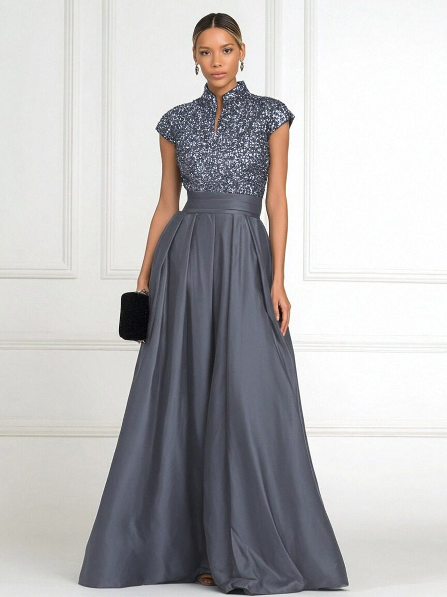 A Line/Princess Stand Collar Short Sleeve Long Elegant Mother of the Bride Dresses (SHI22500207)