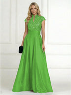 A Line/Princess Stand Collar Short Sleeve Long Elegant Mother of the Bride Dresses (SHI22500207)