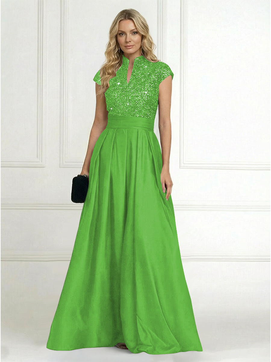 A Line/Princess Stand Collar Short Sleeve Long Elegant Mother of the Bride Dresses (SHI22500207)