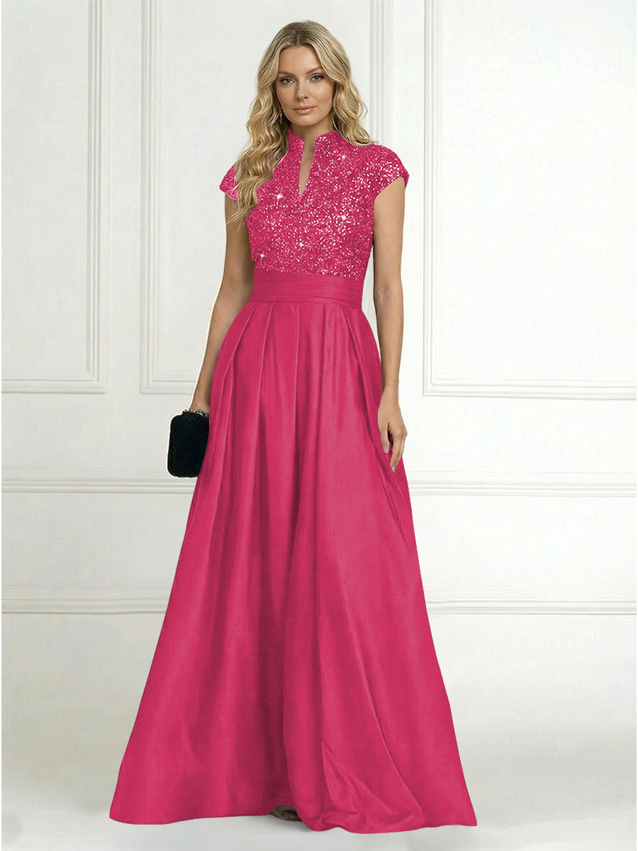 A Line/Princess Stand Collar Short Sleeve Long Elegant Mother of the Bride Dresses (SHI22500207)