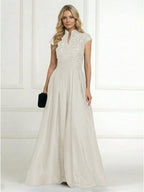 A Line/Princess Stand Collar Short Sleeve Long Elegant Mother of the Bride Dresses (SHI22500207)