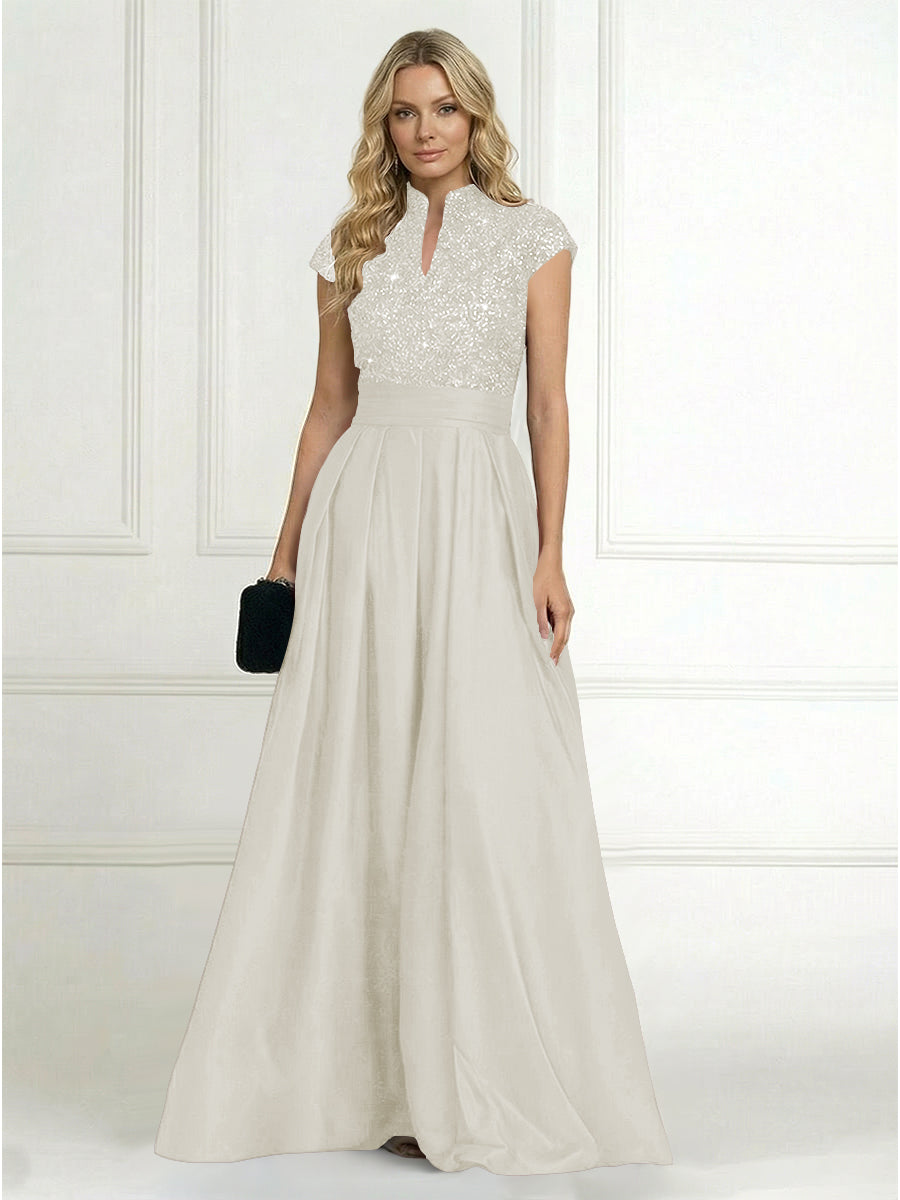 A Line/Princess Stand Collar Short Sleeve Long Elegant Mother of the Bride Dresses (SHI22500207)