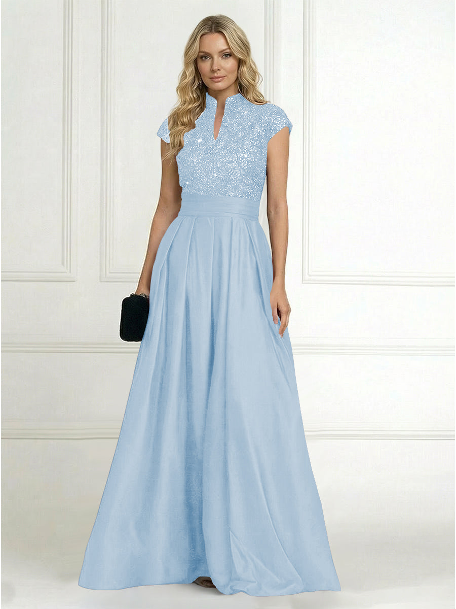 A Line/Princess Stand Collar Short Sleeve Long Elegant Mother of the Bride Dresses (SHI22500207)