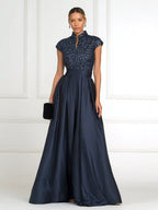A Line/Princess Stand Collar Short Sleeve Long Elegant Mother of the Bride Dresses (SHI22500207)
