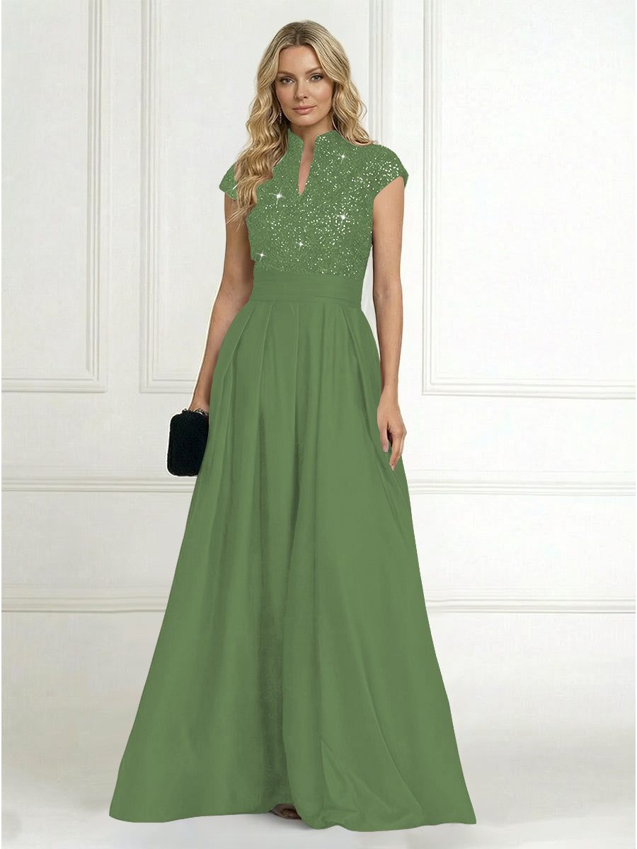A Line/Princess Stand Collar Short Sleeve Long Elegant Mother of the Bride Dresses (SHI22500207)