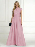 A Line/Princess Stand Collar Short Sleeve Long Elegant Mother of the Bride Dresses (SHI22500207)