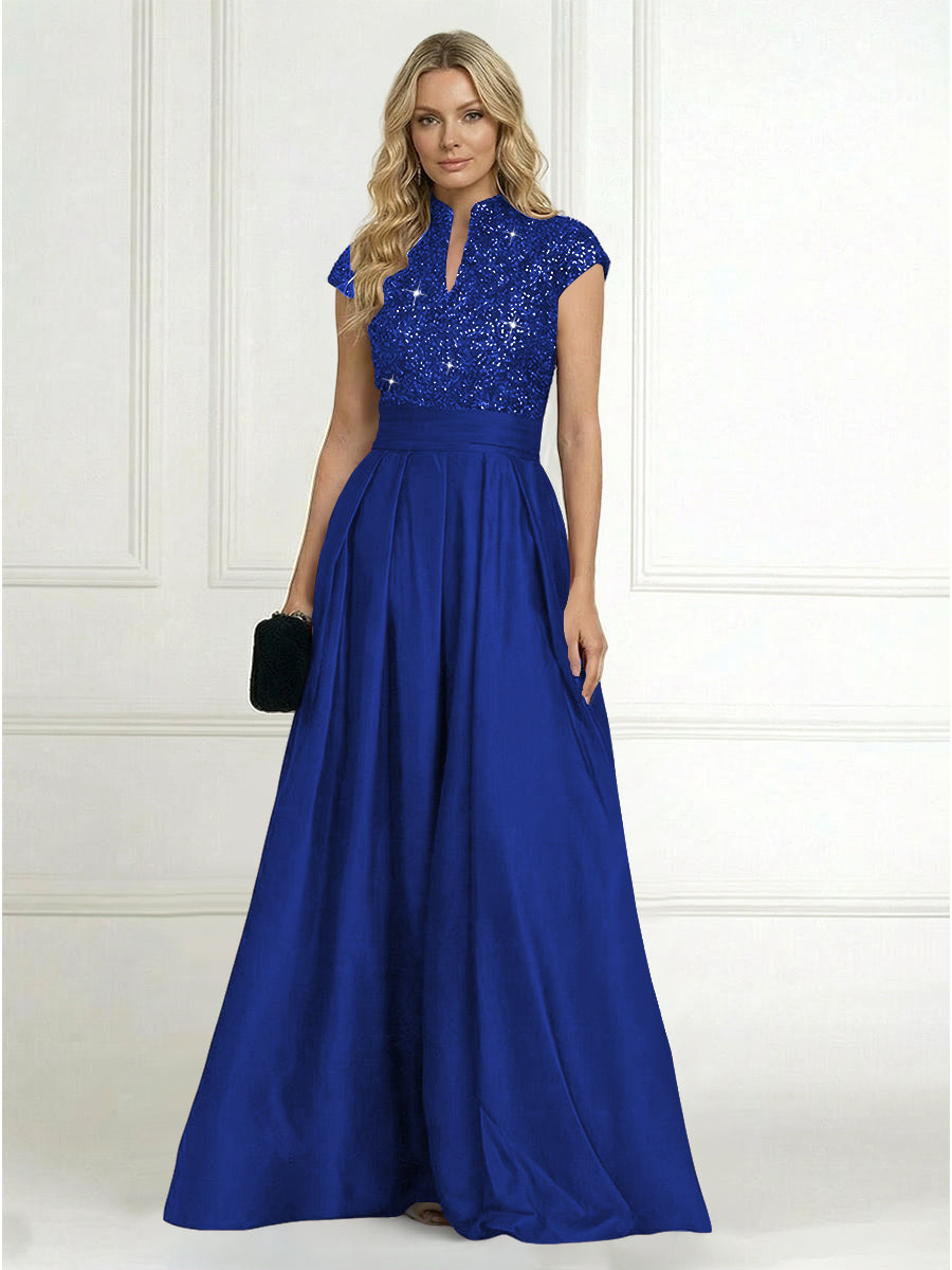 A Line/Princess Stand Collar Short Sleeve Long Elegant Mother of the Bride Dresses (SHI22500207)