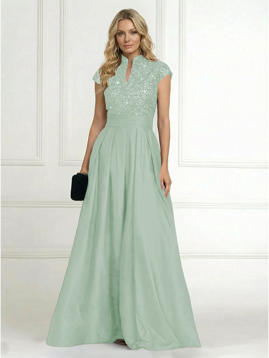 A Line/Princess Stand Collar Short Sleeve Long Elegant Mother of the Bride Dresses (SHI22500207)