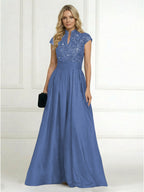 A Line/Princess Stand Collar Short Sleeve Long Elegant Mother of the Bride Dresses (SHI22500207)