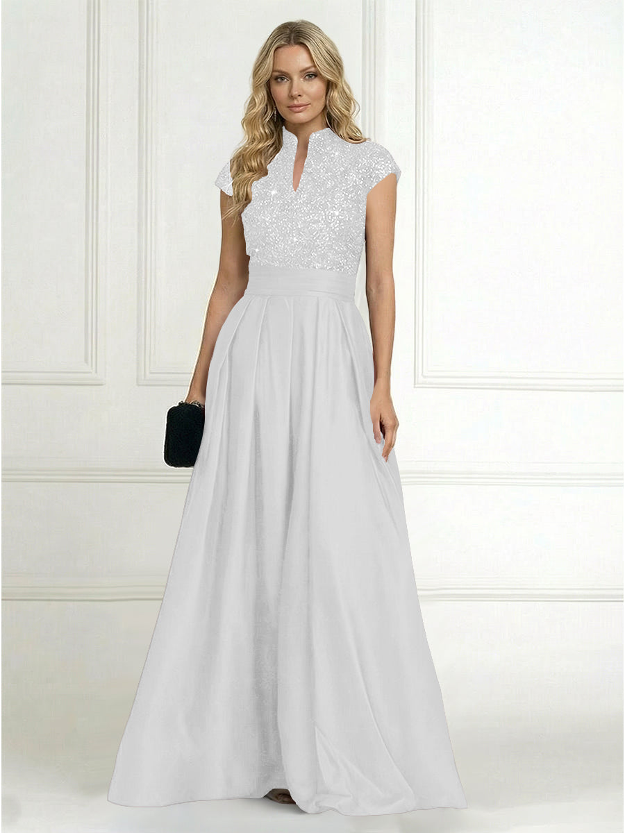 A Line/Princess Stand Collar Short Sleeve Long Elegant Mother of the Bride Dresses (SHI22500207)