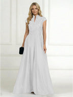 A Line/Princess Stand Collar Short Sleeve Long Elegant Mother of the Bride Dresses (SHI22500207)