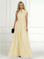 A Line/Princess Stand Collar Short Sleeve Long Elegant Mother of the Bride Dresses (SHI22500207)