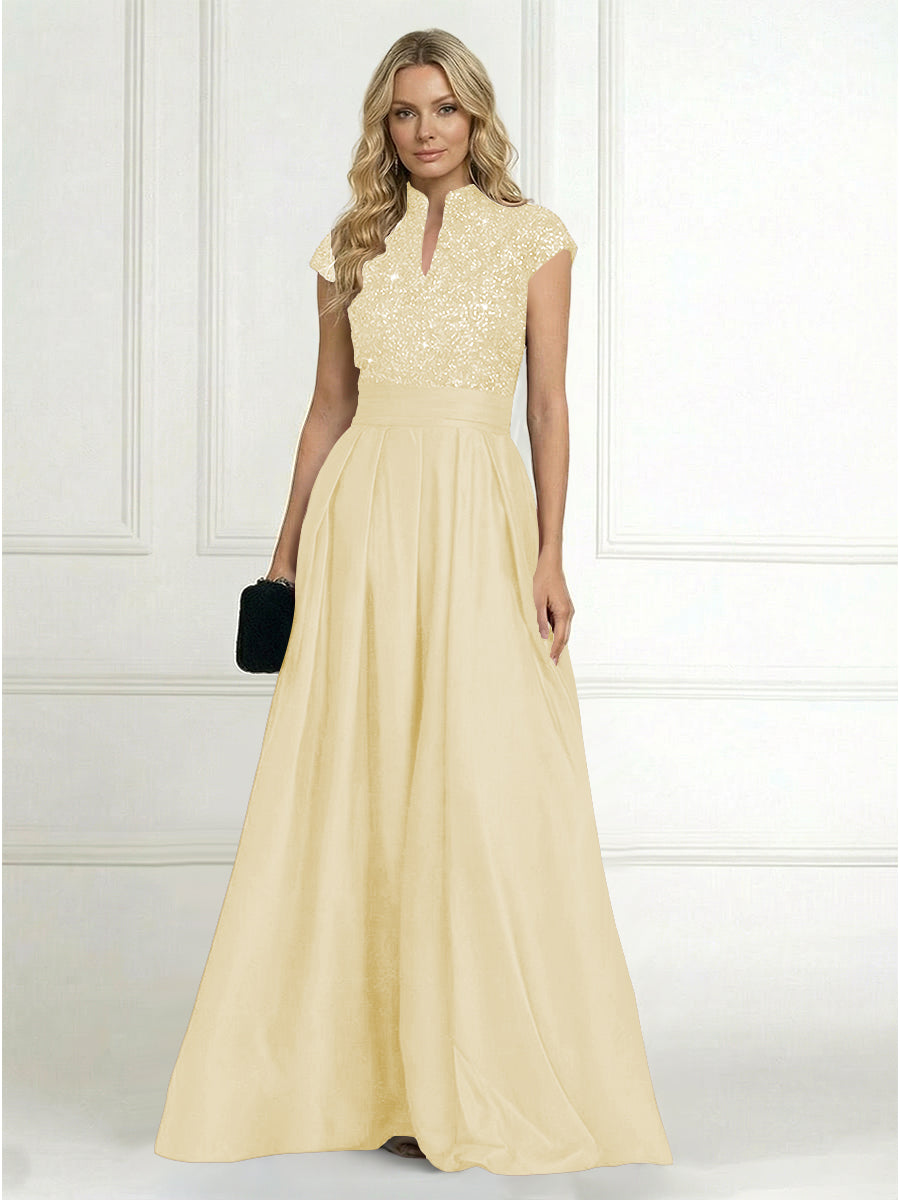 A Line/Princess Stand Collar Short Sleeve Long Elegant Mother of the Bride Dresses (SHI22500207)