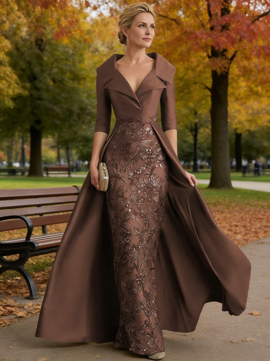 Sheath V Neck 3/4 Sleeve Sequined Mother of the Bride Dresses with Appliques (SHI22500209)