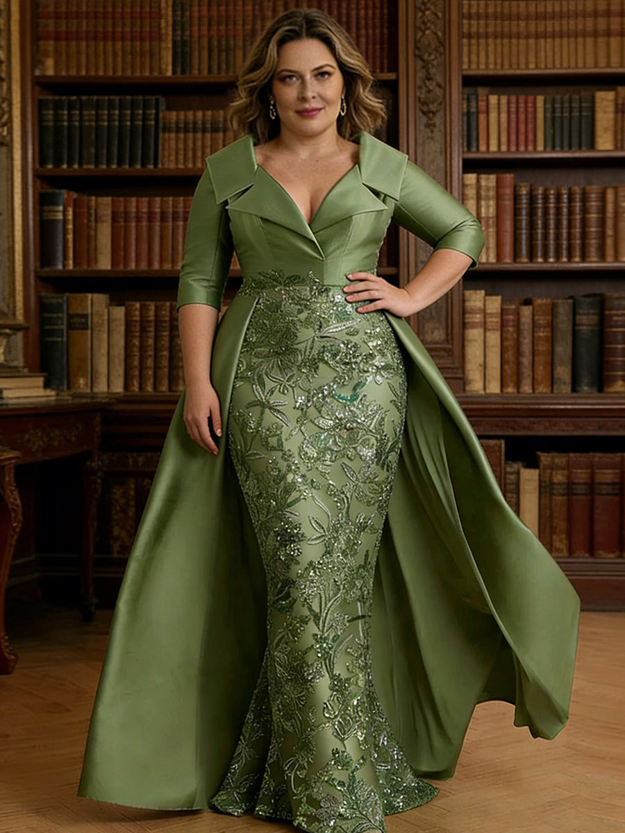 Sheath V Neck 3/4 Sleeve Sequined Mother of the Bride Dresses with Appliques (SHI22500209)