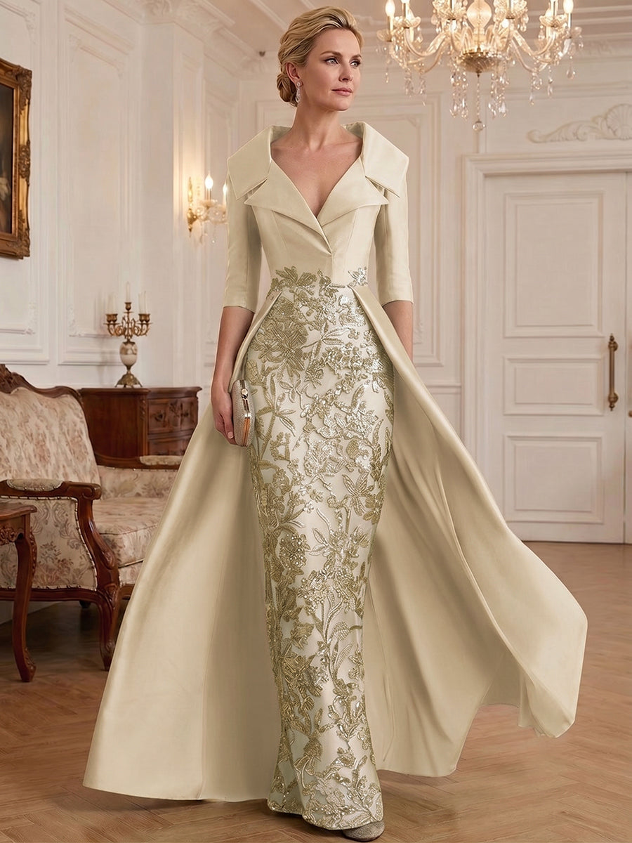 Sheath V Neck 3/4 Sleeve Sequined Mother of the Bride Dresses with Appliques (SHI22500209)