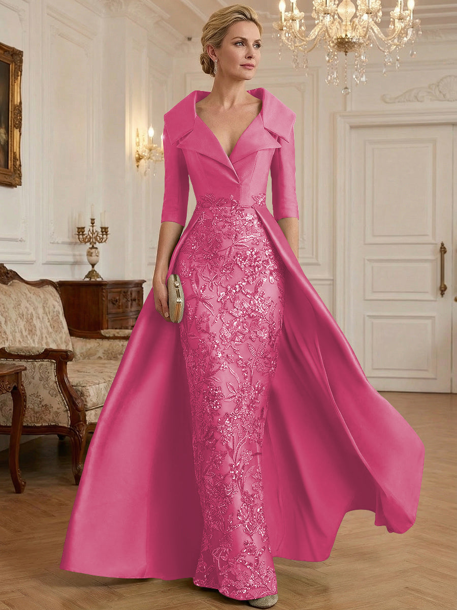 Sheath V Neck 3/4 Sleeve Sequined Mother of the Bride Dresses with Appliques (SHI22500209)