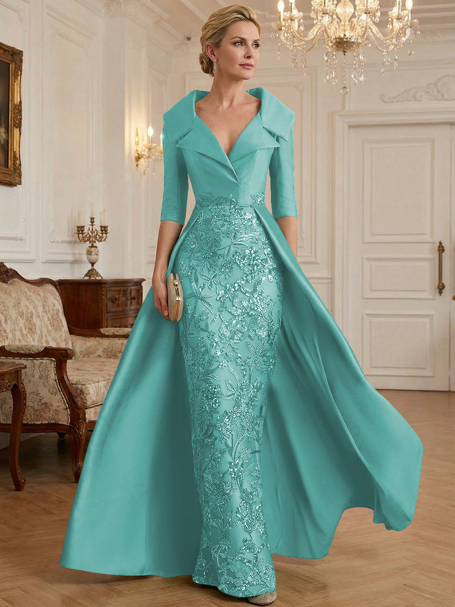 Sheath V Neck 3/4 Sleeve Sequined Mother of the Bride Dresses with Appliques (SHI22500209)