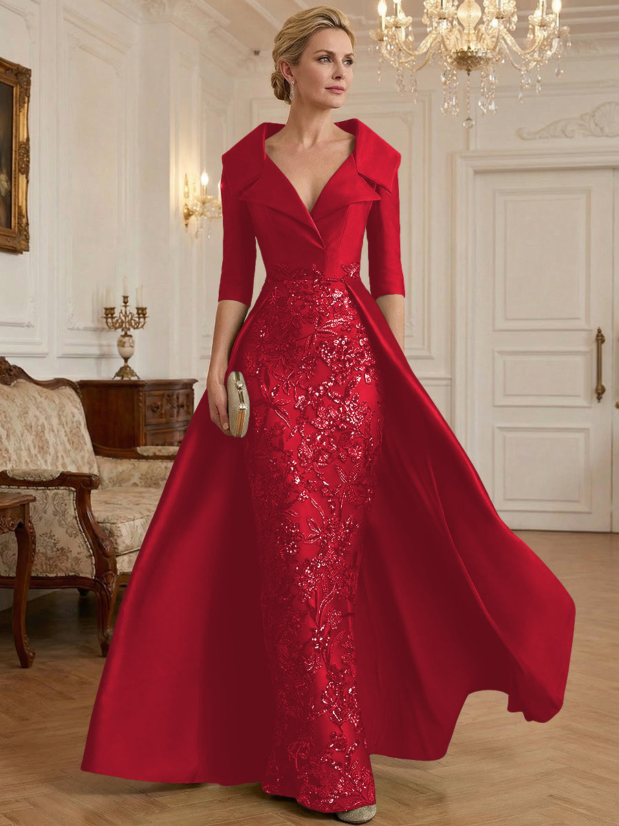 Sheath V Neck 3/4 Sleeve Sequined Mother of the Bride Dresses with Appliques (SHI22500209)