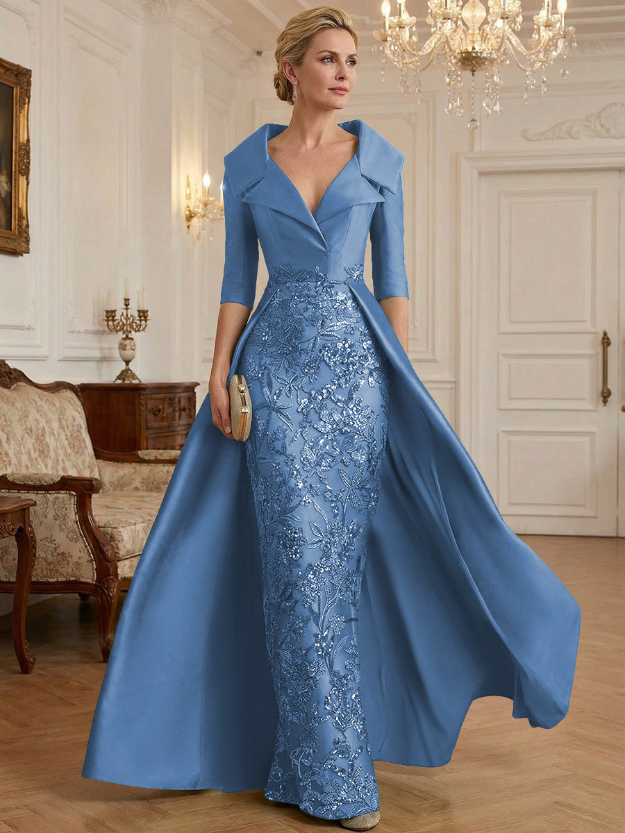 Sheath V Neck 3/4 Sleeve Sequined Mother of the Bride Dresses with Appliques (SHI22500209)