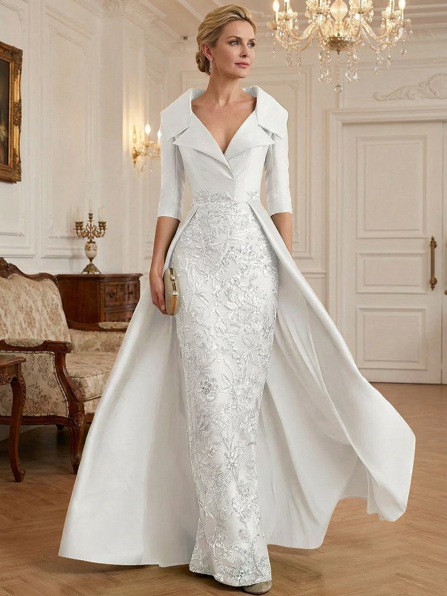 Sheath V Neck 3/4 Sleeve Sequined Mother of the Bride Dresses with Appliques (SHI22500209)