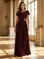 A-Line Scoop Neck Ruched Floor-Length Mother of the Bride Dresses with Ruffle (SHI22500216)