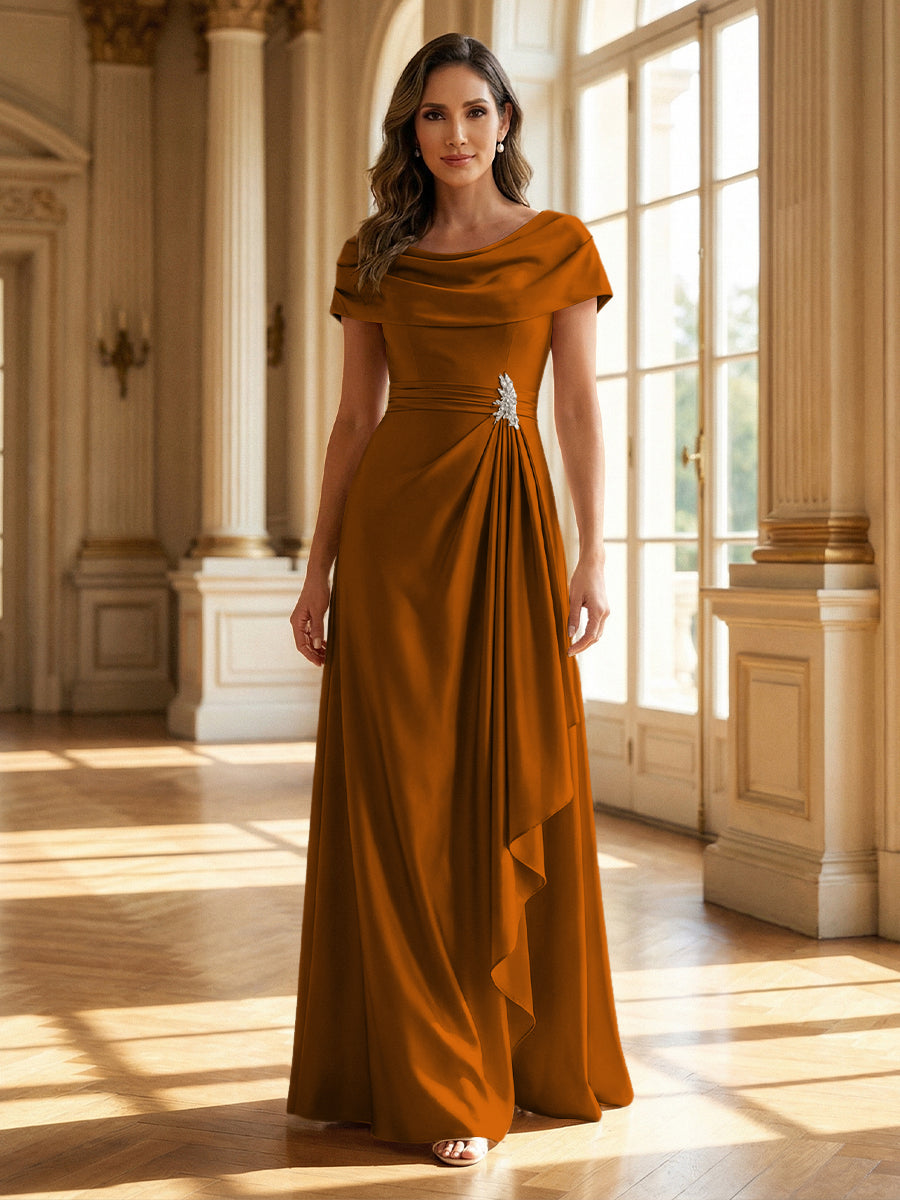 A-Line Scoop Neck Ruched Floor-Length Mother of the Bride Dresses with Ruffle (SHI22500216)