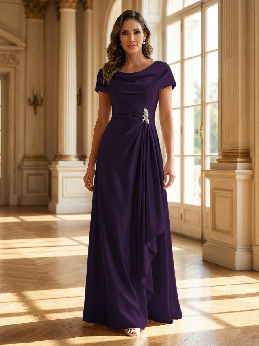 A-Line Scoop Neck Ruched Floor-Length Mother of the Bride Dresses with Ruffle (SHI22500216)