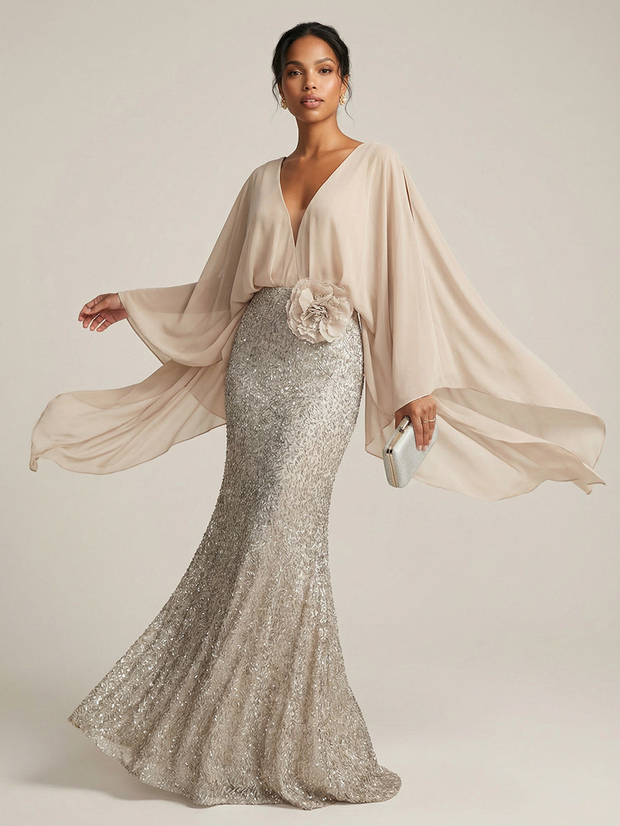 Mermaid Chic V Neck Long Flying Sleeve Floor-Length Mother of the Bride Dresses Party Gown with Flower (SHI22500229)