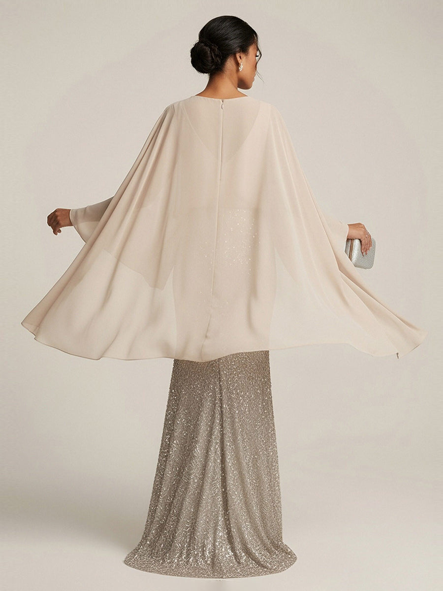 Mermaid Chic V Neck Long Flying Sleeve Floor-Length Mother of the Bride Dresses Party Gown with Flower (SHI22500229)