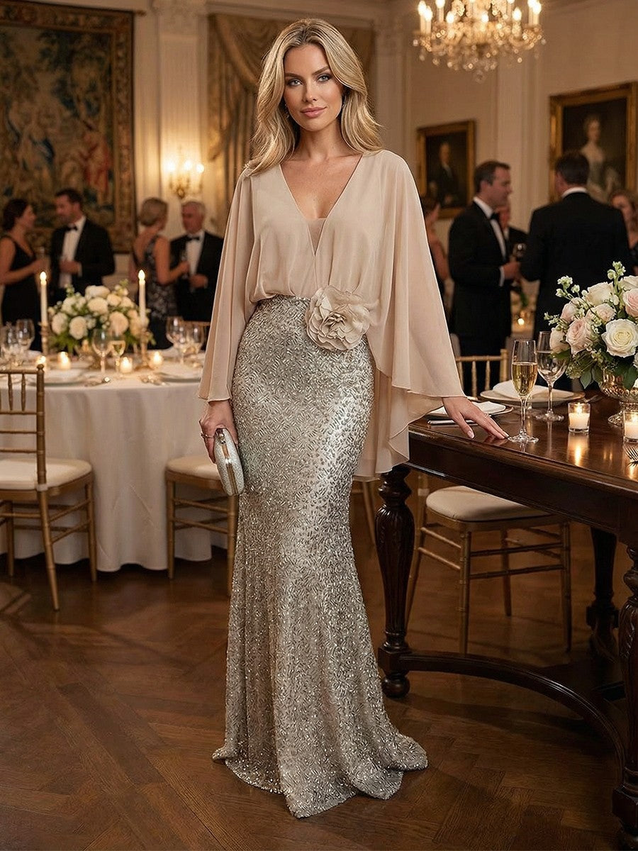 Mermaid Chic V Neck Long Flying Sleeve Floor-Length Mother of the Bride Dresses Party Gown with Flower (SHI22500229)