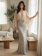Mermaid Chic V Neck Long Flying Sleeve Floor-Length Mother of the Bride Dresses Party Gown with Flower (SHI22500229)