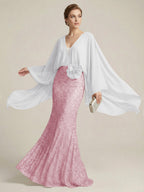 Mermaid Chic V Neck Long Flying Sleeve Floor-Length Mother of the Bride Dresses Party Gown with Flower (SHI22500229)