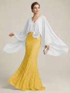 Mermaid Chic V Neck Long Flying Sleeve Floor-Length Mother of the Bride Dresses Party Gown with Flower (SHI22500229)