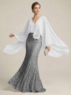 Mermaid Chic V Neck Long Flying Sleeve Floor-Length Mother of the Bride Dresses Party Gown with Flower (SHI22500229)