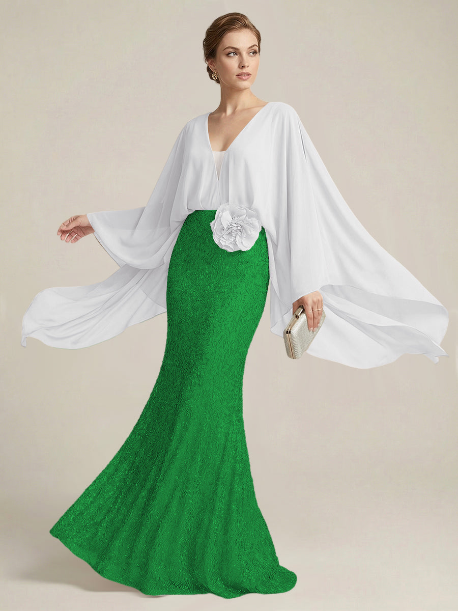Mermaid Chic V Neck Long Flying Sleeve Floor-Length Mother of the Bride Dresses Party Gown with Flower (SHI22500229)