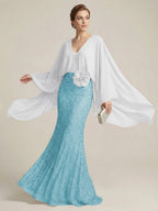 Mermaid Chic V Neck Long Flying Sleeve Floor-Length Mother of the Bride Dresses Party Gown with Flower (SHI22500229)