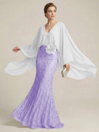 Mermaid Chic V Neck Long Flying Sleeve Floor-Length Mother of the Bride Dresses Party Gown with Flower (SHI22500229)